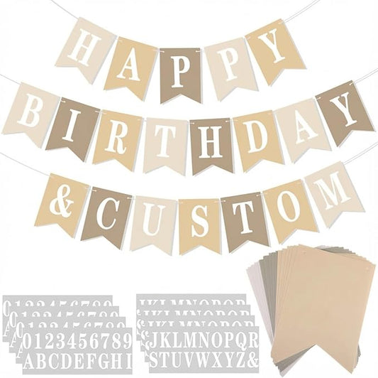 Mooliwe 171 Pcs DIY Custom Banner Kit Make Your Own Customizable Sign for Birthday Wedding Party Decoration Include 20 Paper Pennant 148 Letters and Numbers 1 Rope 2 Threading Device(Beige)