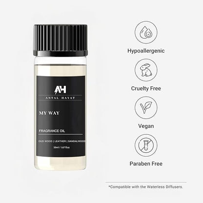 My Way Essential Oil Scent 50ml - Antal Hayat Diffuser Oil - Home Luxury Scents - Lemon, Comforting Sandalwood, Warm Cedarwood & Pretty Iris - Diffuser Oil Blends for Aromatherapy