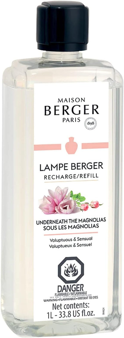 Maison Berger Underneath The Magnolias Lampe Berger Refill, 1 Liter (33.8 fl oz), 2-in-1 Catalytic System, Neutralizes Odors and Diffuses Fragrance, Damask Rose, Lemon, Arabian Rose, Made in France