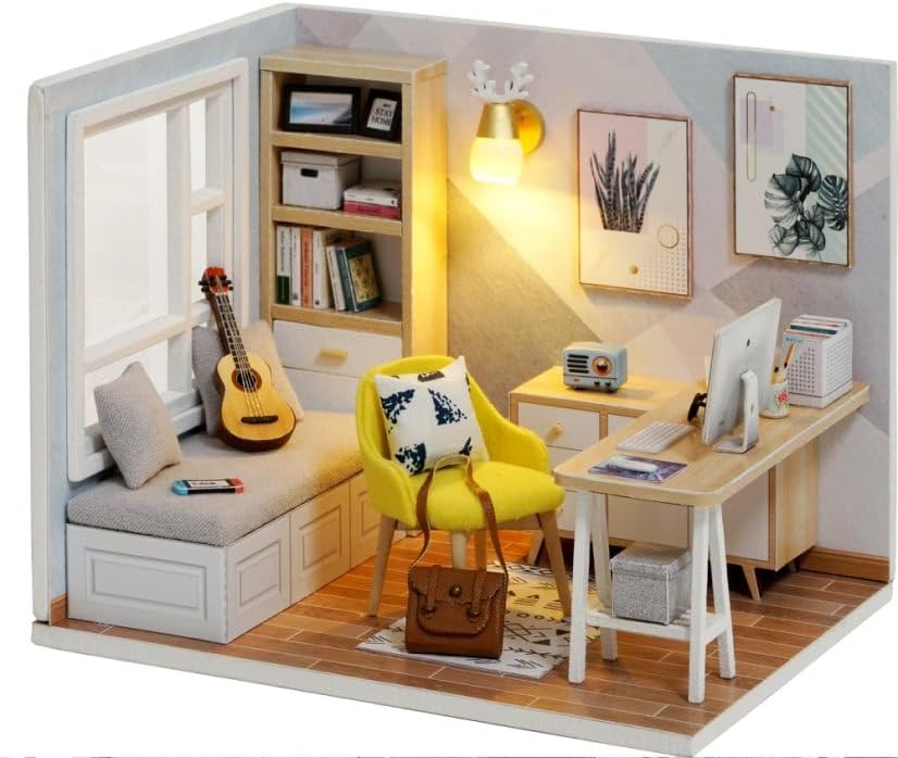 DIY Miniature Dollhouse Kits - Wooden Mini Model House with LED Lights, Tiny Furniture & Accessories – Craft Building Kits for Teens & Adults (Study Room) – Birthday Valentine's Gift by ESTUSR