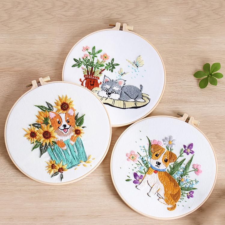 Embroidery Kit for Beginners, Dog Flower Pattern Embroidery Practice Kits - Image 3