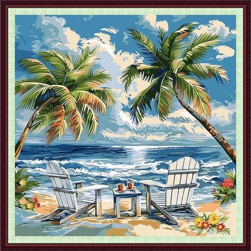 Dooxvey Cross Stitch Kits for Adults Beginners,Full Range of Cross-Stitch Stamped Kits Needlepoint Kits for Beginners Embroidery Kits 11CT Cross Stitch Patterns-Drinking tea resting seaside 18x18 inch by DooxveyStampedEmbroideryKit