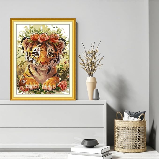 Qeerysew Cross Stitch Kits Stamped Full Range of Embroidery Starter Kits for Beginners DIY - Printed Kit Tiger with a Garland of Flowers (Printed) 11CT18.5x23.6 inches