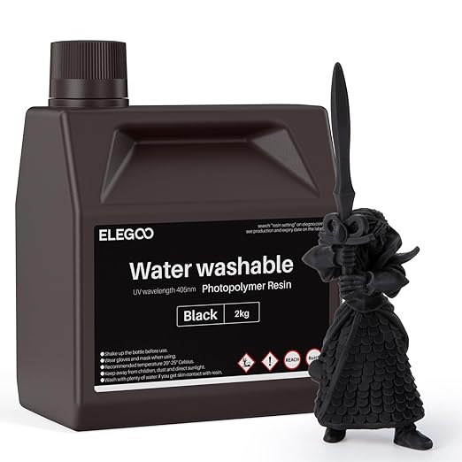 ELEGOO Water Washable 3D Printer Resin LCD UV-Curing Resin 405nm Standard Photopolymer Resin for Mars Saturn Jupiter MSLA DLP LCD 3D Printing 2000Gram Black