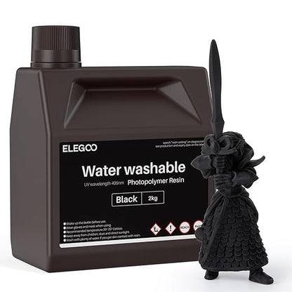 ELEGOO Water Washable 3D Printer Resin LCD UV-Curing Resin 405nm Standard Photopolymer Resin for Mars Saturn Jupiter MSLA DLP LCD 3D Printing 2000Gram Black
