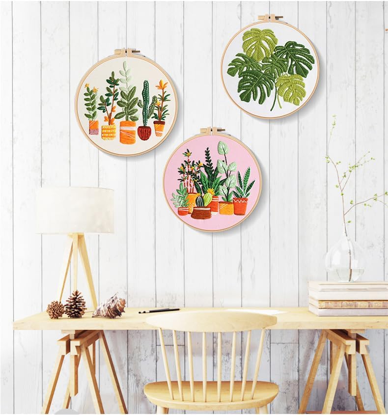 Konrisa Embroidery Kits for Adults Beginner, European Style Garden Plant Green Leaf Stamped Embroidery Starter Kit,DIY Sewing Practice, Needlepoint Cross Stitch Kit,Set of 3 - Image 3