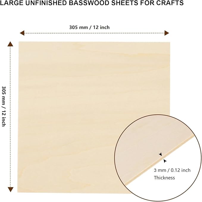 48 Pack Basswood Sheets 12 x 12 x 1/8 Inch - 3mm Unfinished Basswood for Laser Cutting & Engraving, Thin Plywood Board Unfinished Wood Sheet for Crafts Wood Burining, Painting, Architectural Model