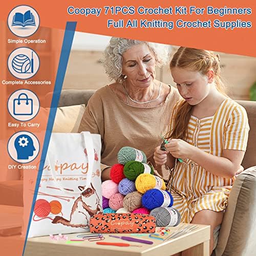 Coopay Crochet Kit Beginners Crochet Starter Kit with 15 Colors Yarn, 71PCS Crochet Beginners Set Crochet Kit for Adults, Cat Canvas Tote Bag Full Crochet Accessories & Instructions - Image 2