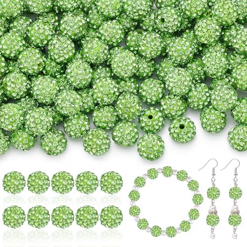 200pcs 10mm Rhinestone Beads for Jewelry Making, Light Green Shiny Round Disco Ball Beads Bulk, Sparkle Crystal Clay Christmas for Bracelet Baseball Necklace Earring Crafting and DIY by TINKRSTUFF