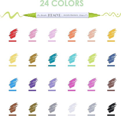 KEMYR 24 Colors Brush & Fine Tip Acrylic Paint Pens, Dual Tip Acrylic Paint Markers for Paper, Wood, Canvas, Stone, Rock, Glass, Fabric, DIY, Ceramic, Art Supplies for Adults Drawing