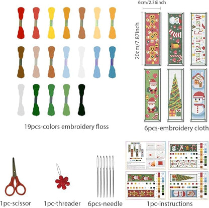 FREEBLOSS 6 Set Cross Stitch Bookmark Counted Cross Stitch Kit with 6 Different Christmas Patterns Embroidery Kit with Instruction DIY Bookmark Kit for Gift Adults 8''x2.4''