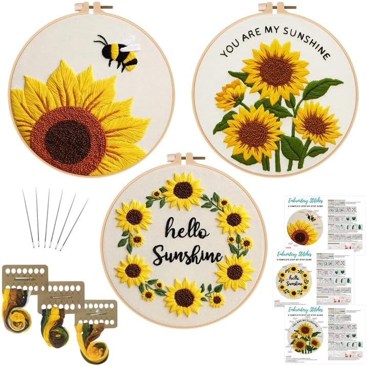 Nuberlic 3 Pack Embroidery Kit for Beginners with Sunflower Pattern by Nuberlic