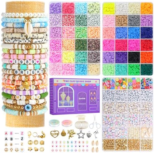 Sunlode Clay Beads Bracelet Making Kit, 3 Boxes 15,000PCS Boho Color with Letter Beads, Charms and Elastic Strings, DIY Jewelry Set for Friendship Bracelets Crafts Gift by Sunlode