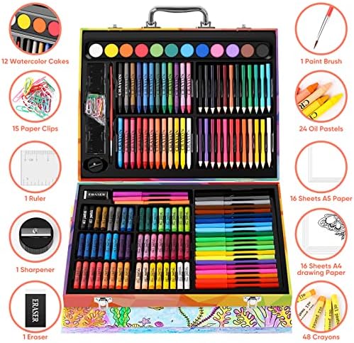 Soucolor 183 Art Drawing Painting Kit, Crayons Pastels Markers, Wooden Case - Image 3
