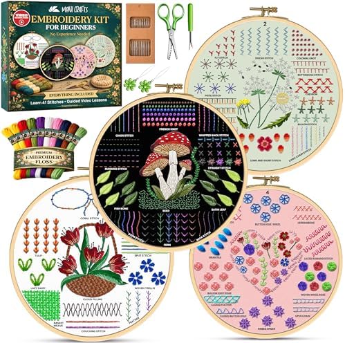 Embroidery Kit for Beginners Adults, 4 Pre-Printed Cloths, 41 Stitches by MoniCrafts