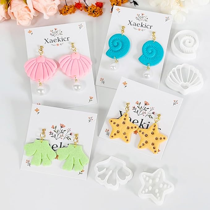 Xaekicr 4PCS Ocean Theme Polymer Clay Cutters Set – Starfish Seashell Clay Earring Cutters – Clay Tools for Polymer Clay Jewelry Making, Beach DIY Crafts Supplies
