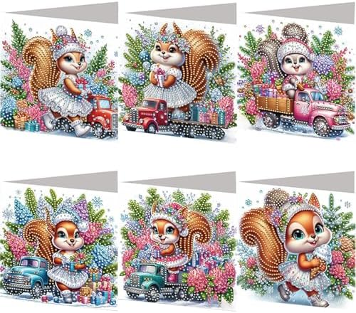 jinglinhh 6pcs Diamond Art Painting Christmas Squirrel Lavender Hydrangea Flowers Truck Greeting Cards with Envelopes, DIY Card Making Kits for Adults, Diamond Art Postcards Christmas Cards Craft Gift by Unknown
