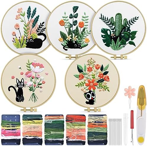TINDTOP Embroidery Kit for Adults, Embroidery Kit for Beginners Include Embroidery Cloth Hoops Threads for Craft Lover Hand Stitch with Embroidery Skill Techniques (Black Cat) by TINDTOP