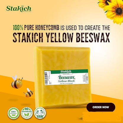 Stakich Yellow Beeswax Block - Natural, Triple Filtered - 10 Pound