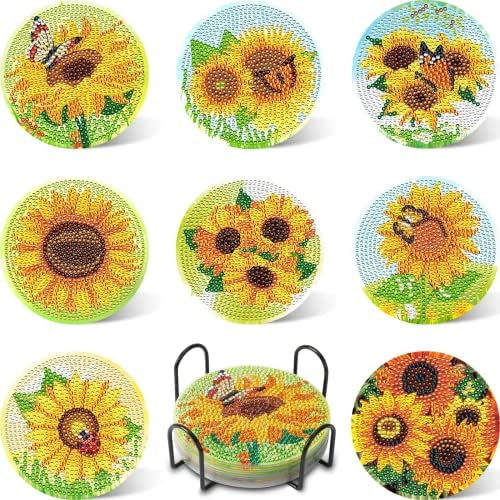 UPINS 8Pcs Sunflower Diamond Art Painting Coasters for Drinks by UPINS
