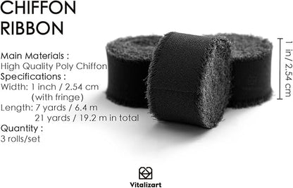 Vitalizart Black Chiffon Silk Ribbon 1" x 21 Yd Fringe Fabric Package (3 Rolls * 7 Yd) for Wedding Invitations Bridal Bouquets Decorations Gifts Wrapping & Bow Making