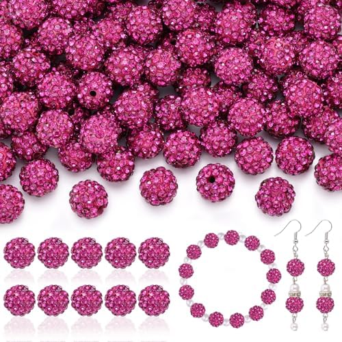 200pcs 10mm Rhinestone Beads for Jewelry Making, Fuchsia Shiny Round Disco Ball Beads Bulk, Sparkle Crystal Clay Christmas for Bracelet Baseball Necklace Earring Crafting and DIY by TINKRSTUFF