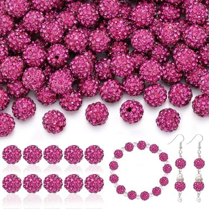 200pcs 10mm Rhinestone Beads for Jewelry Making, Fuchsia Shiny Round Disco Ball Beads Bulk, Sparkle Crystal Clay Christmas for Bracelet Baseball Necklace Earring Crafting and DIY by TINKRSTUFF