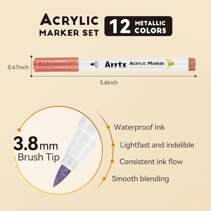 Arrtx 12 Colors Metallic Acrylic Paint Pens for Rock Painting, Extra Fine Tip Metallic Brush Marker for Rock Painting, Ceramic, Glass, Canvas, Mug, Wood, Easter Egg, Waterproof Paint DIY Crafts Making