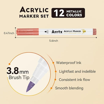 Arrtx 12 Colors Metallic Acrylic Paint Pens for Rock Painting, Extra Fine Tip Metallic Brush Marker for Rock Painting, Ceramic, Glass, Canvas, Mug, Wood, Easter Egg, Waterproof Paint DIY Crafts Making