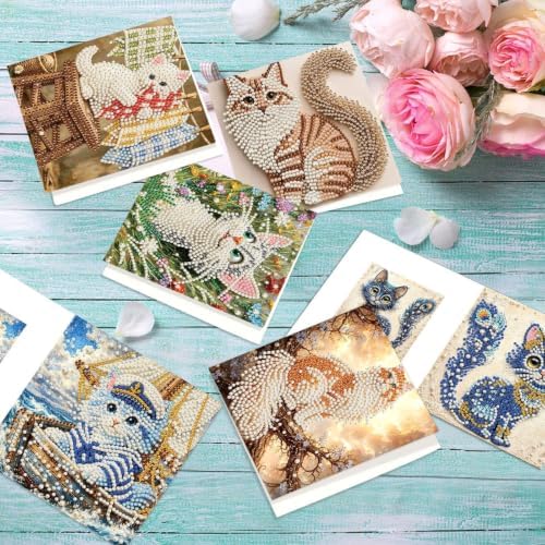 Artiphile DIY Pearl Art Painting Greeting Card Set Crafts Decor 6-Piece Foldable Cards Kit with Envelopes and Tools for Holiday Wishes Adult Crafting Project-Cat - Image 5