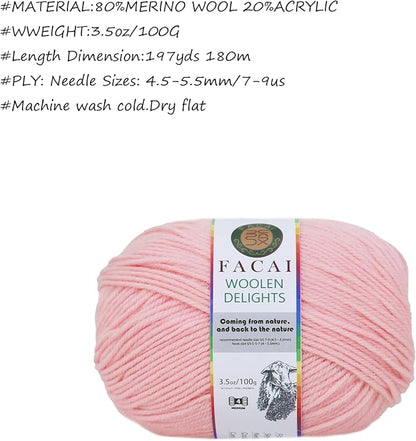 Facai Blend Merino Wool Yarn for Knitting - Worsted Weight,197yds (3.5oz) Ball, Ideal for Sweaters, Scarves, and Accessories (3, Pink)