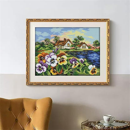 JOYSEWING Flowers and Houses Stamped Kit Printed Pattern Counted Cross Stitch Kit Embroidery Starter Kits for Beginners DIY Home Decoration Set 11CT - (The Hometown of Pansy(11CT) 18.11 ×14.57 inch)