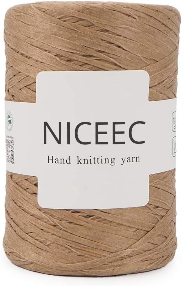 NICEEC Kraft Paper Yarn- Soft Raffia Ribbon Yarn for Crocheting & Knitting, Polyester, DIY Weaving, Total 474yds, 5.3oz - Khaki