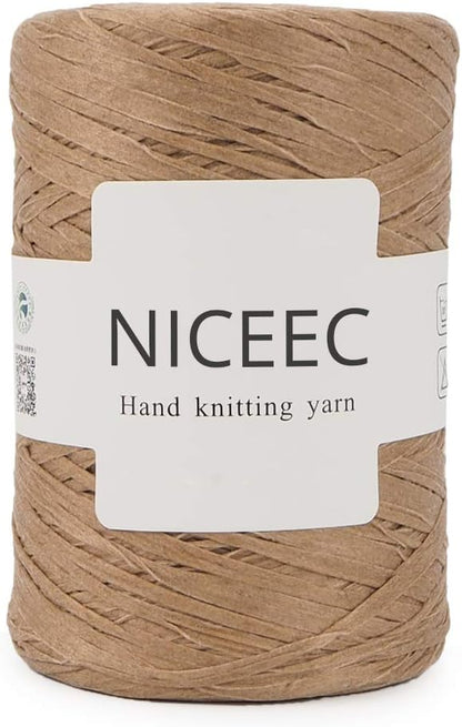NICEEC Kraft Paper Yarn- Soft Raffia Ribbon Yarn for Crocheting & Knitting, Polyester, DIY Weaving, Total 474yds, 5.3oz - Khaki