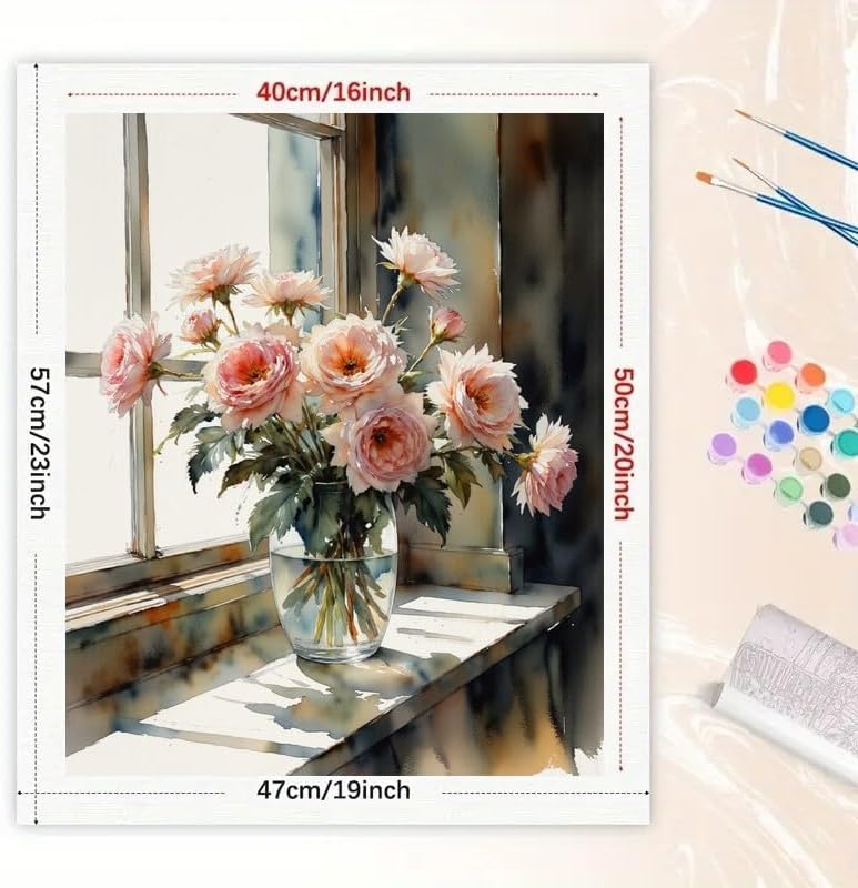 Rose Arrangement Paint by Numbers Kit for Adults - DIY Pink Roses in Vase by Window Painting on Canvas 16x20 Inches, Acrylic Paint Set, Suitable for Beginners, Art for Home Decoration or Gifts - Image 2