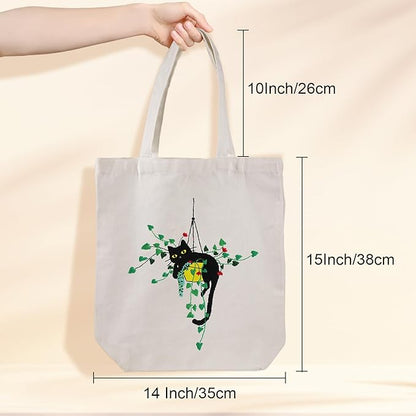 Louise Maelys Canvas Tote Bag Embroidery Kit for Beginners,Cross Stitch Kits for Adults,Arts and DIY Crafts Needlepoint with Plant Cat Pattern,Women Shopping Reusable Grocery Bags