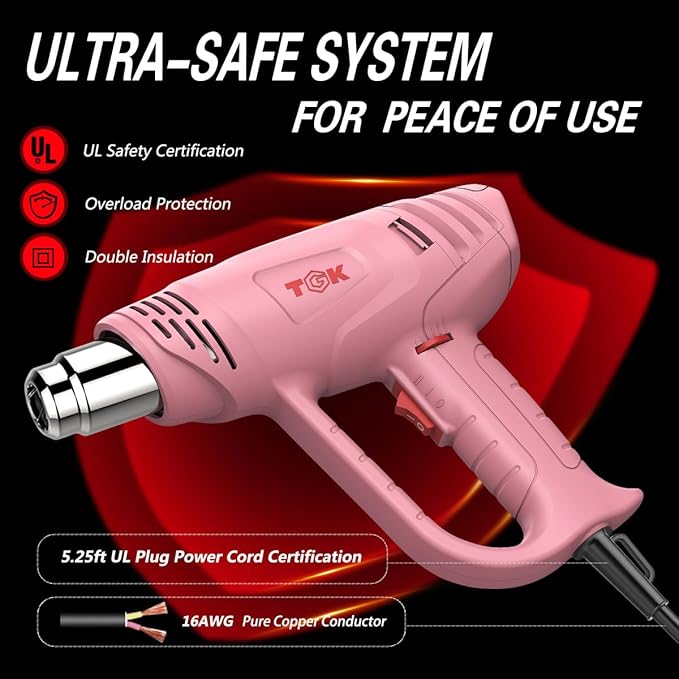 Heat Gun, TGK® 1800W Heavy Duty Hot Air Gun Kit 122℉~1202℉ Dual Temperature Settings with 6 Nozzle Attachments Overload Protection for Crafts, Shrink Wrapping/Tubing, Paint Removing, Epoxy Resin