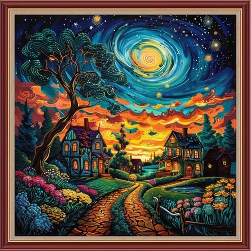 Dooxvey Cross Stitch Kits for Adults Beginners,Full Range of Cross-Stitch Stamped Kits Needlepoint Kits for Beginners Embroidery Kits 11CT Cross Stitch Patterns-Starry Night Moon Home 18x18 inch by DooxveyStampedEmbroideryKit