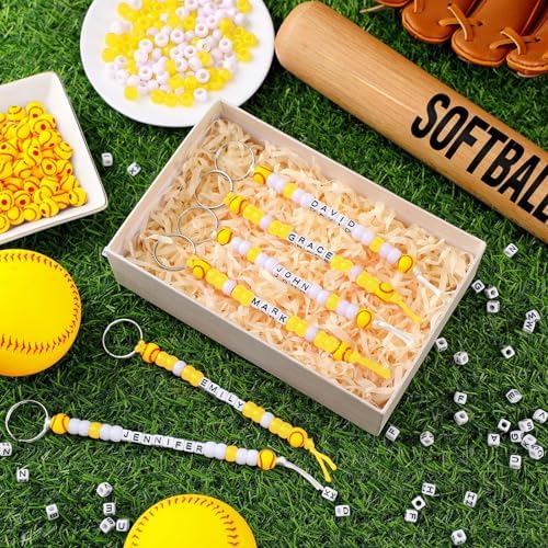 Landical 564 Pcs DIY Bead Keychain Kit Key Chain Making Craft Adjustable Letter Beads String Mama Sport Gift Alphabet Jewelry Backpack Accessories Holiday Party Favor(Softball,Yellow White) - Image 3
