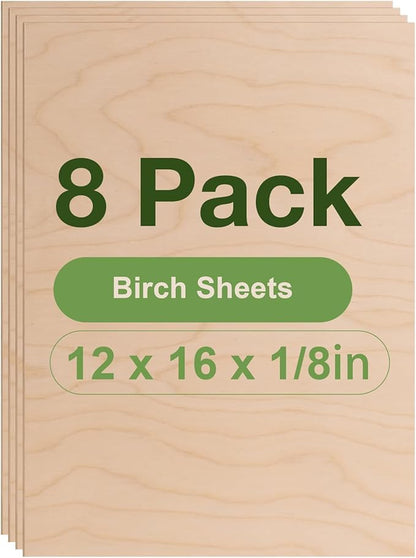 ROBOTIME 8-Pack 3mm Birch Plywood for Laser Cutting - 12 x 16 x 1/8 Inch - Laser Engraving Blanks