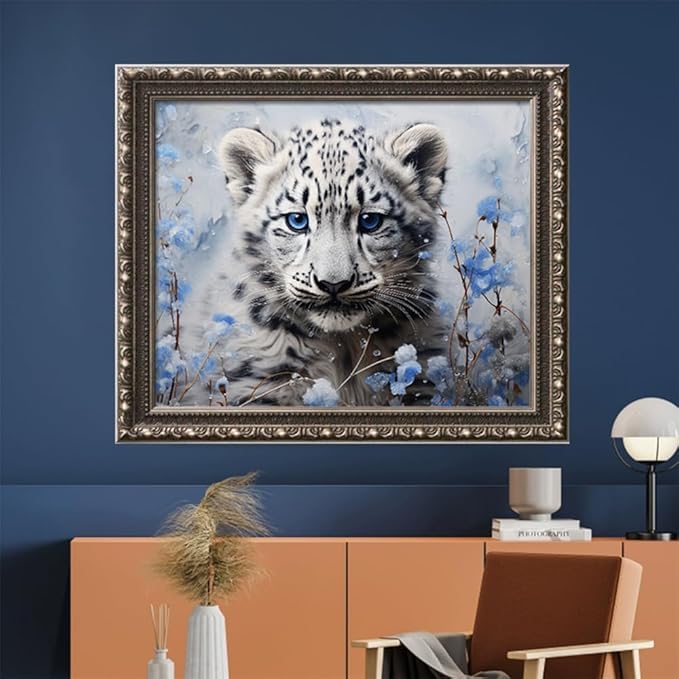 Leczany Cross Stitch Stamped Kit for Adults - Lovely Snow Leopard | DIY Embroidery Starter Patterns Craft Kit Needlepoint for Beginner | 11CT, 3 Strands | 16.5x13.4 inches