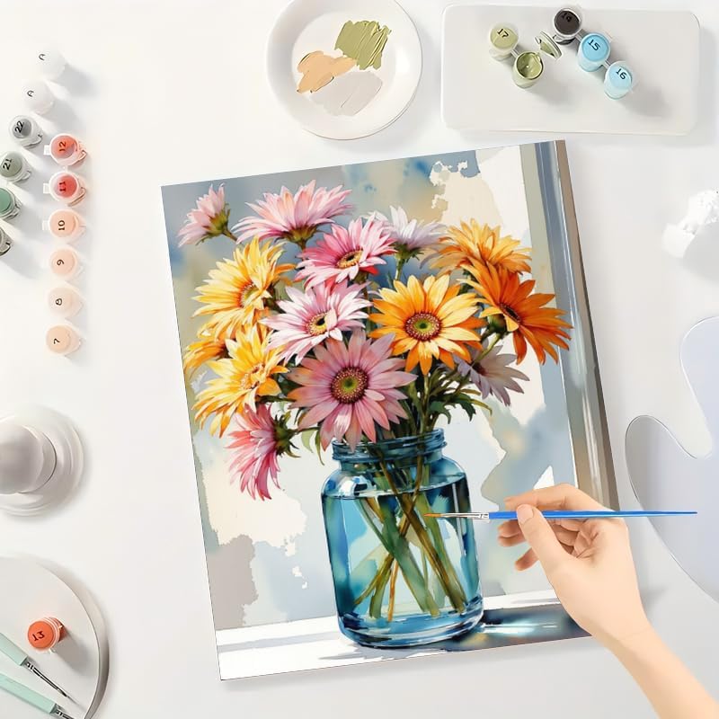 Floral Still Life Paint by Numbers Kit for Adults - DIY Colorful Gerbera Daisies in Blue Jar Painting on Canvas, Acrylic Paint Set for Beginners, Art for Home Decoration or Gifts(12X16IN Framed) - Image 3