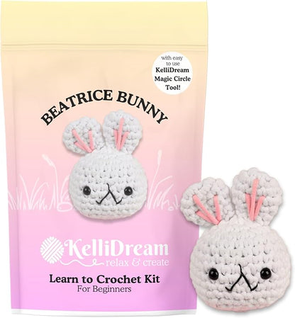 KelliDream Learn to Crochet Kit for Beginner Adults with Magic Circle Tool; Step-by-Step Video Tutorials; All Supplies to Make Cute Amigurumi (Bunny)