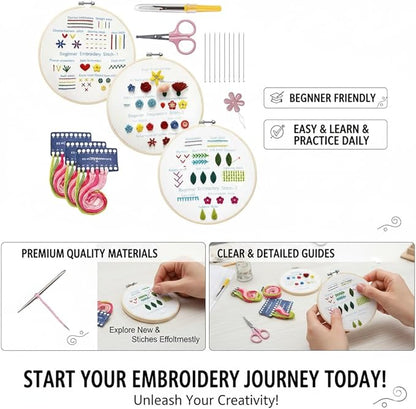 Embroidery Kit for Adult Beginners, 3-Pack Practice Samplers, Pre-Stamped Patterns, 7.8-Inch Hoop, Threads & Needles, Step Guide and Video, DIY Needlework Craft Gift for Women (Grass Needlework)