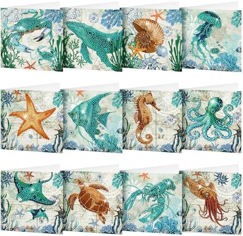 Saillong 12 Pack Summer Ocean Diamond Painting Greeting Card Kits DIY Under the Sea Diamond Art Cards with Envelopes Ocean Animals 5D Rhinestones Painting Making Kits for Adults DIY Craft Family Gifts by Saillong