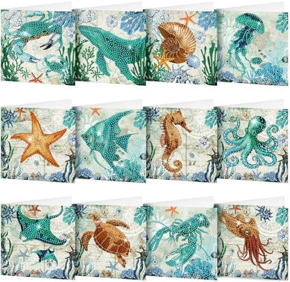 Saillong 12 Pack Summer Ocean Diamond Painting Greeting Card Kits DIY Under the Sea Diamond Art Cards with Envelopes Ocean Animals 5D Rhinestones Painting Making Kits for Adults DIY Craft Family Gifts by Saillong