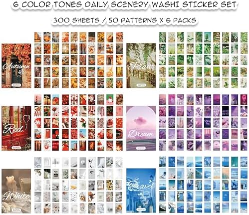 PRSTINCOL Washi Stickers Set, Assorted Colors, 6 Sets 300 Pcs - Image 2