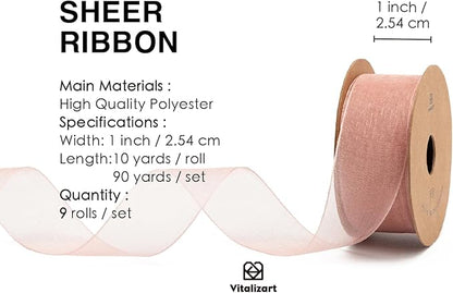 Vitalizart 1" x 90Yd Organza Ribbon Mixed Color Sheer Ribbons Set 10 Yd x 9 Rolls Handmade for Gift Wrapping Christmas Tree Crafts Bows Wedding Invitations Wreaths Wrap