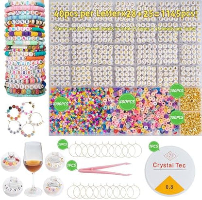Acrylic Letter Beads Kit for Jewelry Making, 4x7mm Gold Alphabet Beads (1.5mm Hole) with Clay Heishi & Glass Seed Beads, Includes Metal Rings for Wine Glass Charms (White&Gold) - Image 2