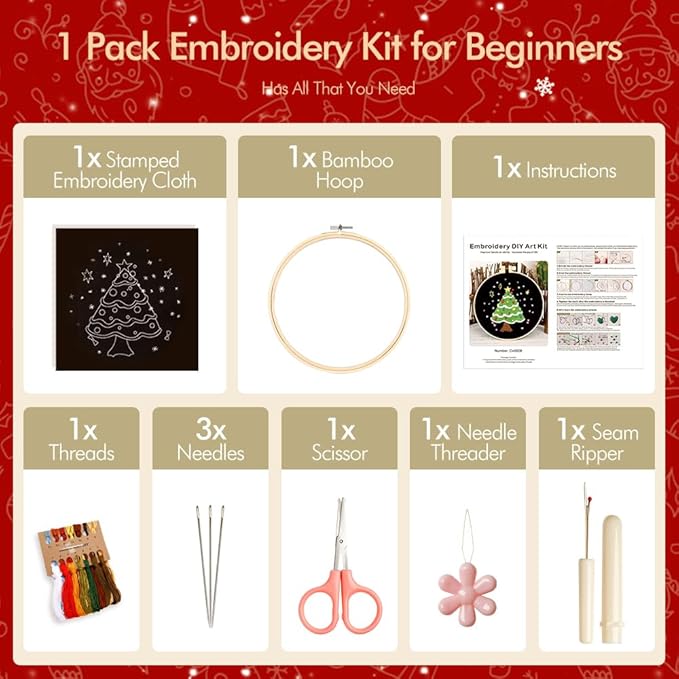 Christmas Embroidery Kits: 1 Pack Cross Stitch Kit for Beginners Adults, DIY Ornaments Craft Kit with All Tools & Instructions, Stamped Hand Embroidery Starter Kit for Holiday Crafts & Xmas Home Decor